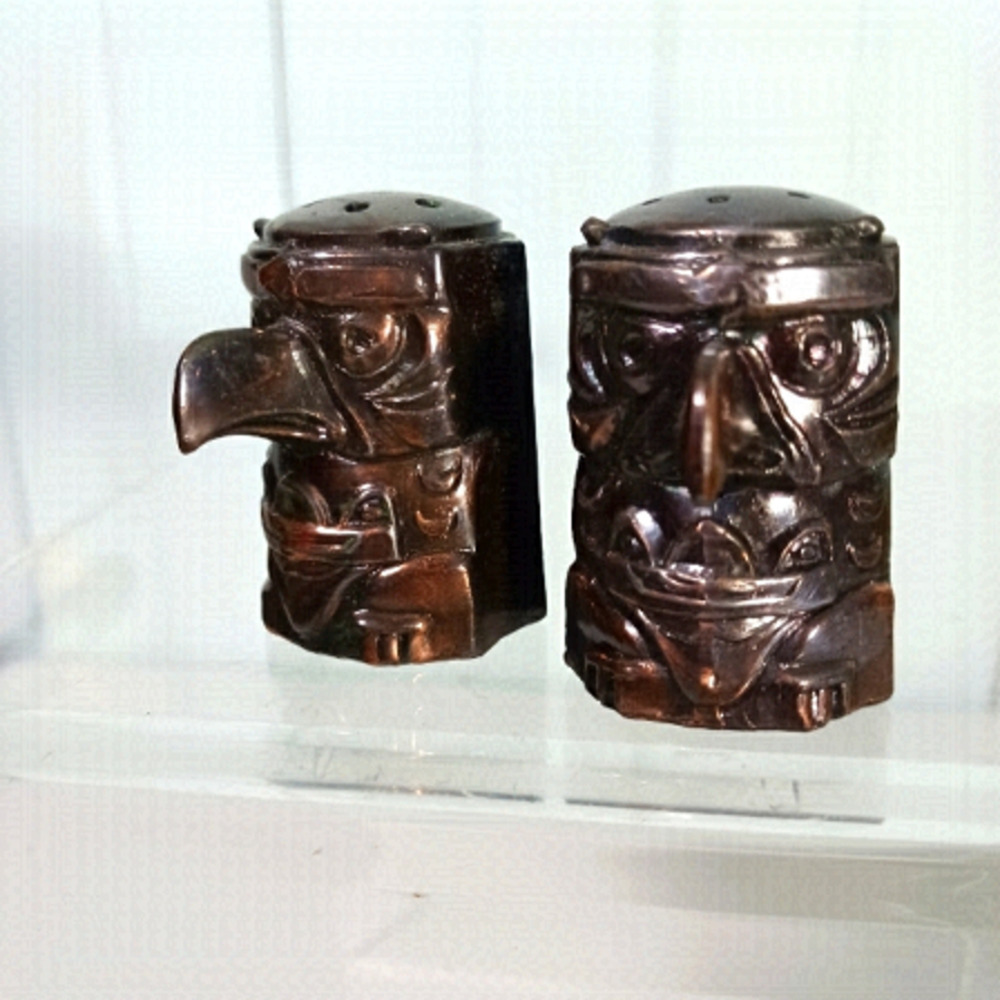 Vintage Bronze Metal Totem Pole Salt and Pepper Shakers